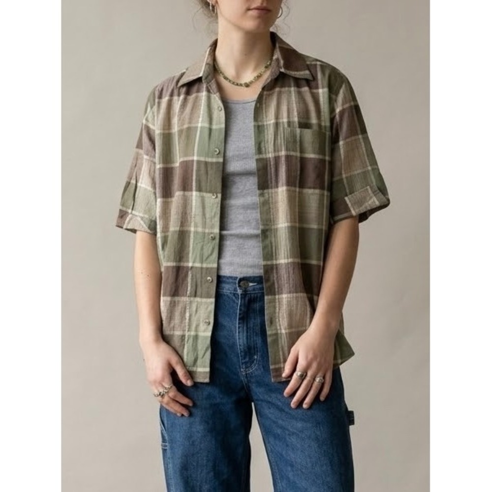 Vintage‎ 90s Company One Plaid Button Up Shirt Small Green Brown Grunge Earthy